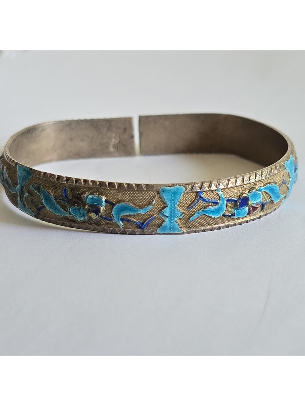 Antique Chinese Enamel Heavy 925 sterling silver Cuff Bangle Bracelet
